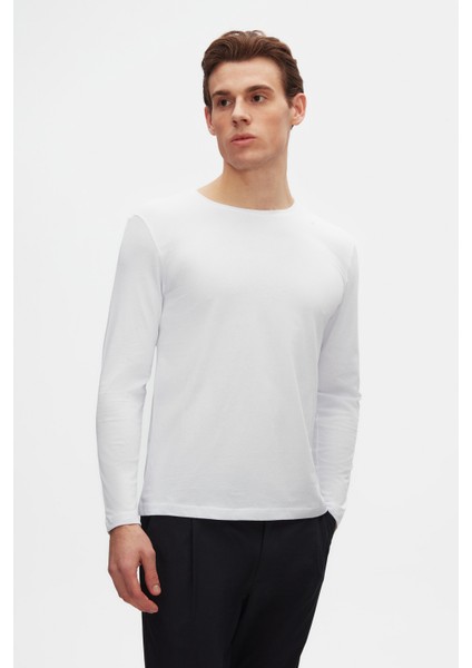 Slim Fit Beyaz Bisiklet Yaka Pamuk Nefes Alabilen Uzun Kollu Body Tişört
