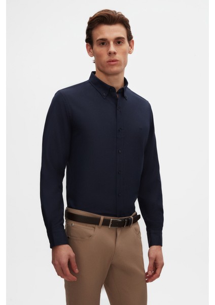 Slim Fit Lacivert Oxford Düğmeli Yaka Kolay Ütülenebilir Nakış Detaylı Pamuklu Gömlek 4HC02ORT03265