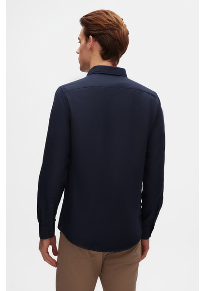 Slim Fit Lacivert Oxford Düğmeli Yaka Kolay Ütülenebilir Nakış Detaylı Pamuklu Gömlek 4HC02ORT03265