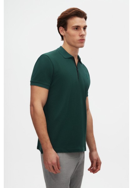 Slim Fit Haki Pike Dokulu Yarım Fermuarlı Polo Yaka T-Shirt 4EC14ORTFRPLO