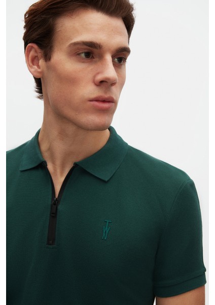 Slim Fit Haki Pike Dokulu Yarım Fermuarlı Polo Yaka T-Shirt 4EC14ORTFRPLO