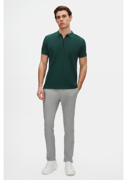 Slim Fit Haki Pike Dokulu Yarım Fermuarlı Polo Yaka T-Shirt 4EC14ORTFRPLO