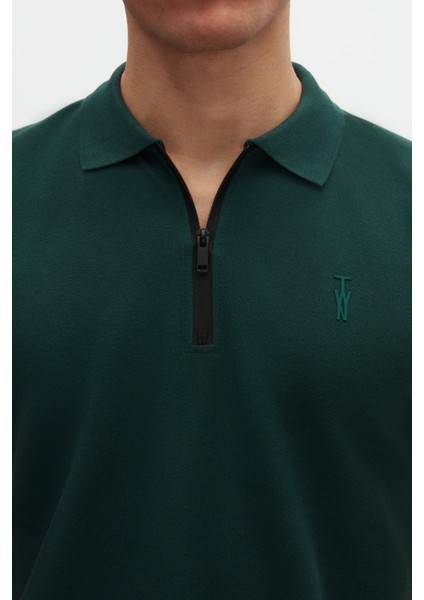 Slim Fit Haki Pike Dokulu Yarım Fermuarlı Polo Yaka T-Shirt 4EC14ORTFRPLO