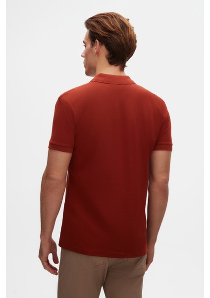 Slim Fit Kiremit Pike Dokulu Yarım Fermuarlı Polo Yaka T-Shirt 4EC14ORTFRPLO