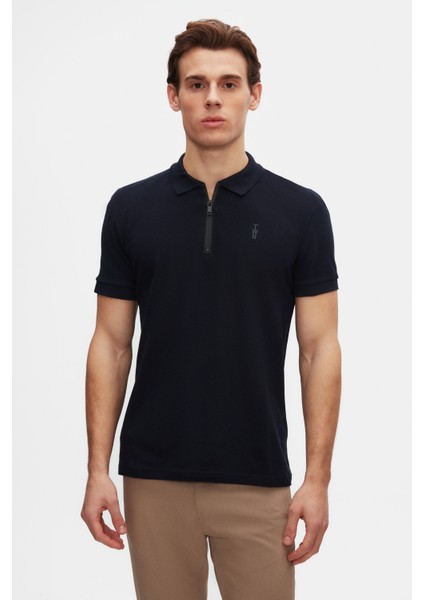 Slim Fit Lacivert Pike Dokulu Yarım Fermuarlı Polo Yaka T-Shirt 4EC14ORTFRPLO