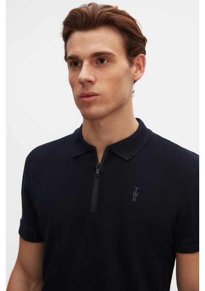 Slim Fit Lacivert Pike Dokulu Yarım Fermuarlı Polo Yaka T-Shirt 4EC14ORTFRPLO