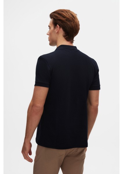 Slim Fit Lacivert Pike Dokulu Yarım Fermuarlı Polo Yaka T-Shirt 4EC14ORTFRPLO