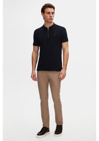 Slim Fit Lacivert Pike Dokulu Yarım Fermuarlı Polo Yaka T-Shirt 4EC14ORTFRPLO