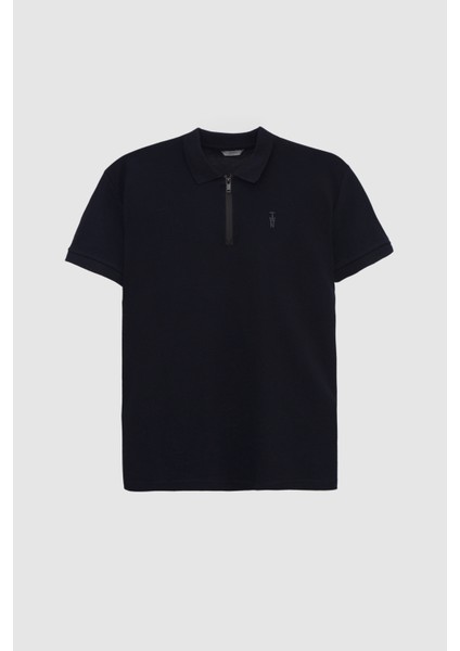 Slim Fit Lacivert Pike Dokulu Yarım Fermuarlı Polo Yaka T-Shirt 4EC14ORTFRPLO