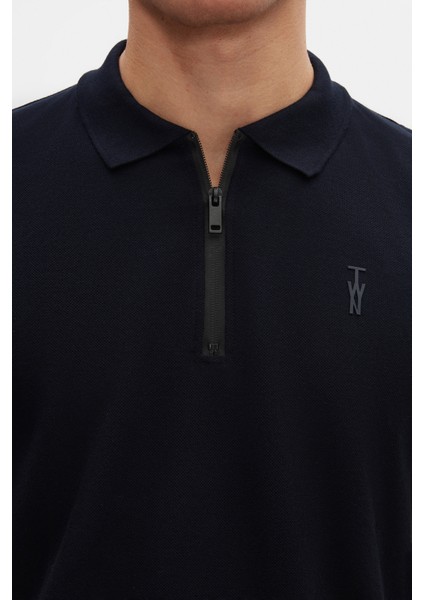 Slim Fit Lacivert Pike Dokulu Yarım Fermuarlı Polo Yaka T-Shirt 4EC14ORTFRPLO
