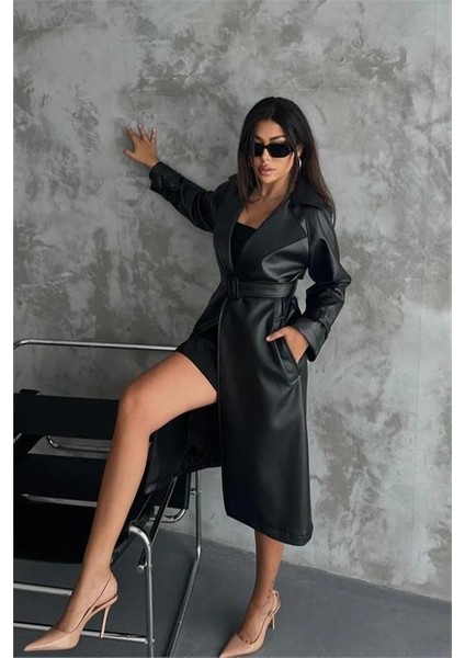Dipmoda Kadın Marilyn Siyah Suni Deri Trençkot DPMYLK21 modelleri