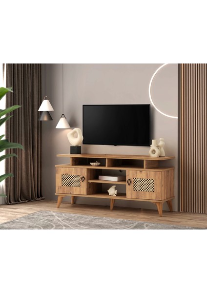 Tv Sehpası 2 Hasır Kapaklı Ceviz 130 cm Kurulu Gönderilir