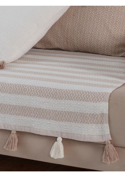 Liva Ponponlu Bej 2 Adet Koltuk Örtüsü 115X200 cm Kanepe Divan Çekyat Berjer Örtüsü Püsküllü