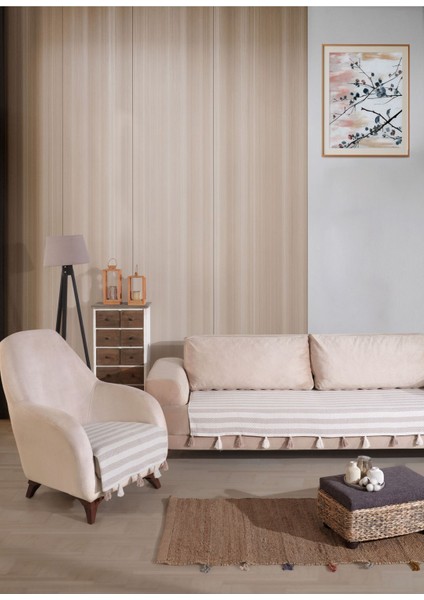 Liva Ponponlu Bej 2 Adet Koltuk Örtüsü 115X200 cm Kanepe Divan Çekyat Berjer Örtüsü Püsküllü