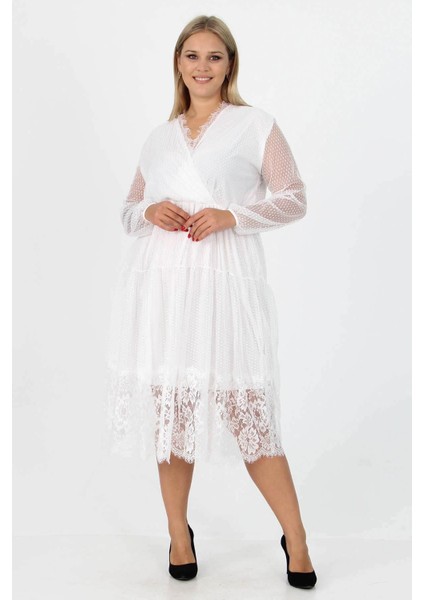 Dipmoda Kadın Yeni Sezon Tül Detaylı Kruvaze Yaka Büyük Beden Elbise APCX14 fiyatları