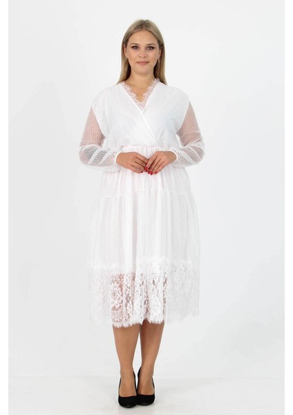 Dipmoda Kadın Yeni Sezon Tül Detaylı Kruvaze Yaka Büyük Beden Elbise APCX14 fırsatları