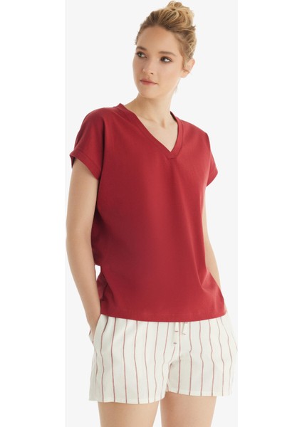Kadın Kısa Kol Şortlu Bordo Pijama Takımı 60553-59