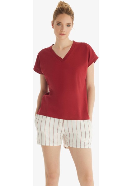 Kadın Kısa Kol Şortlu Bordo Pijama Takımı 60553-59 fırsatları