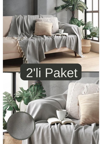 Gri Pamuklu Dekoratif Koltuk Örtüsü Set 170X230 Boyutlu Optimal Kaymaz Tasarım (2 Adet)
