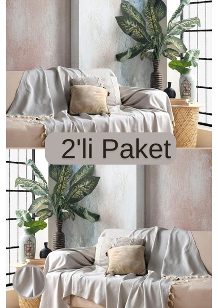 Naturel Renk Pamuklu Dekoratif Koltuk Örtüsü Set 170X230 Boyutlu Optimal Kaymaz Tasarım (2 Adet)