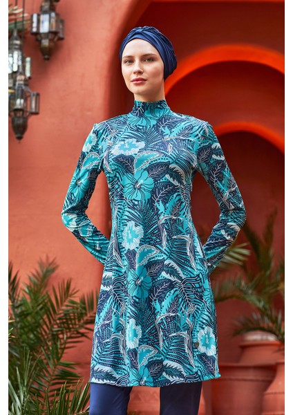 Likralı Tam Kapalı Tesettür Mayo Desenli 3104 Koyu Lacivert