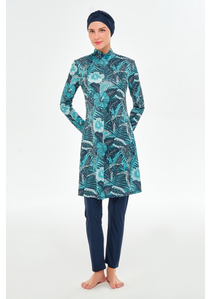 Likralı Tam Kapalı Tesettür Mayo Desenli 3104 Koyu Lacivert fiyatları