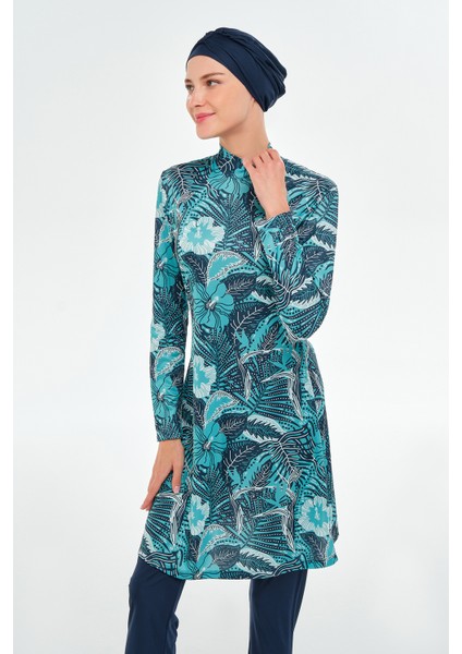 Likralı Tam Kapalı Tesettür Mayo Desenli 3104 Koyu Lacivert modelleri