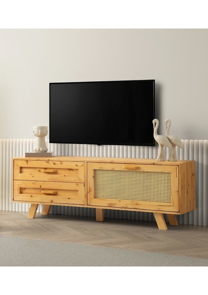 Tv Sehpası 2 Çekmeceli 1 Hasır Kapaklı Natural Ağaç 180 cm Kurulu Gönderilir