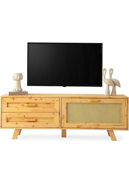 Tv Sehpası 2 Çekmeceli 1 Hasır Kapaklı Natural Ağaç 180 cm Kurulu Gönderilir fiyatları