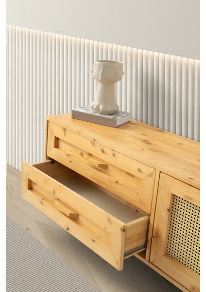 Tv Sehpası 2 Çekmeceli 1 Hasır Kapaklı Natural Ağaç 180 cm Kurulu Gönderilir modelleri