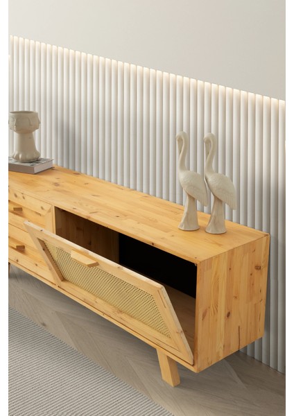 Tv Sehpası 2 Çekmeceli 1 Hasır Kapaklı Natural Ağaç 180 cm Kurulu Gönderilir fırsatları