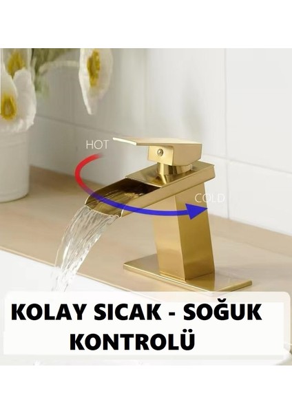 Mat Gold Kare Lavabo Bataryası Yeni Şelale Model Yüksek Kalite Altın Lavabo Musluğu Çift Girişli Armatür fırsatları