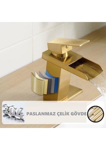 Mat Gold Kare Lavabo Bataryası Yeni Şelale Model Yüksek Kalite Altın Lavabo Musluğu Çift Girişli Armatür indirimleri