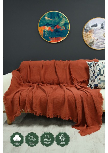 Kiremit 4 Katlı Çift Taraflı Müslin Koltuk - Çekyat Örtüsü (200 x 220CM)