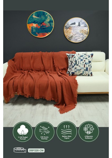 Kiremit 4 Katlı Çift Taraflı Müslin Koltuk - Çekyat Örtüsü (200 x 220CM) fiyatları