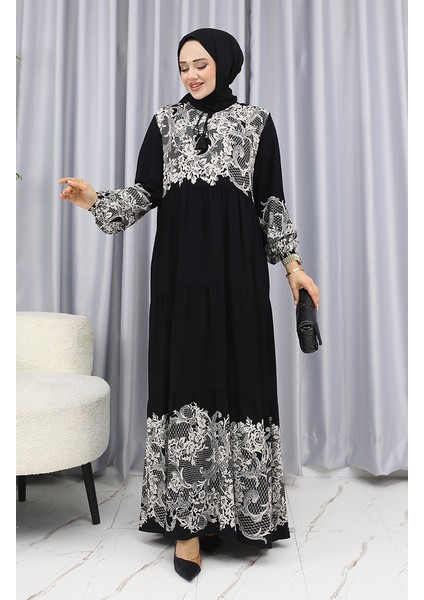 Sulu Desen Elbise 4082-02 Siyah Beyaz