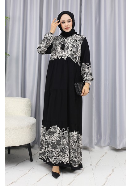 Sulu Desen Elbise 4082-02 Siyah Beyaz modelleri