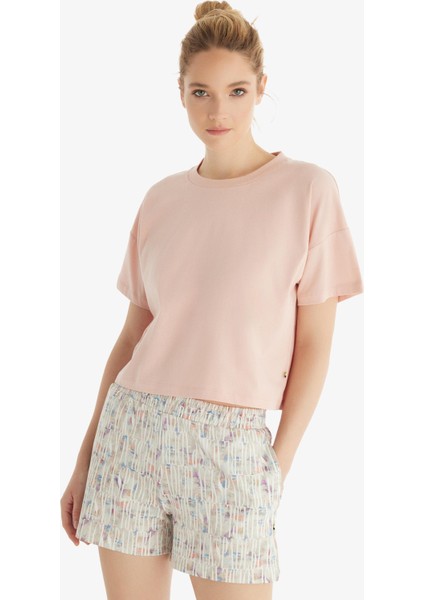 Kadın %100 Pamuk Oversize Kısa Kol Pudra T-Shirt C2T5N5O06