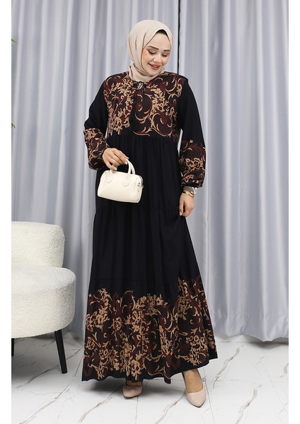 Sulu Desen Elbise 4082-01 Siyah Kahverengi fırsatları