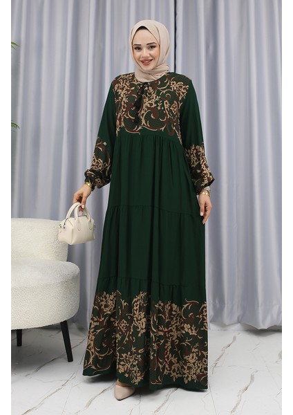 Sulu Desen Elbise 4082-05 Zümrüt Yeşili