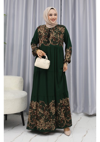 Sulu Desen Elbise 4082-05 Zümrüt Yeşili