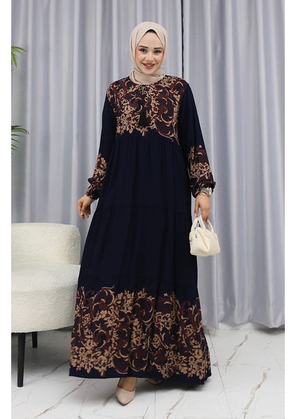 Sulu Desen Elbise 4082-04 Lacivert
