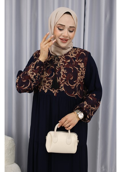 Sulu Desen Elbise 4082-04 Lacivert fırsatları