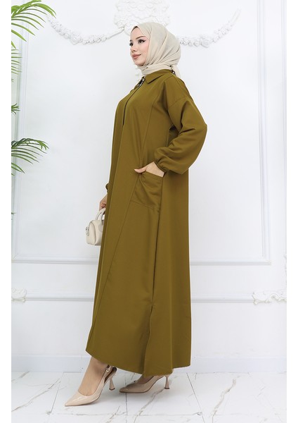 Double Kumaş Uzun Tunik Pantolon Ikili Takım 0034-05 Yağ Yeşili