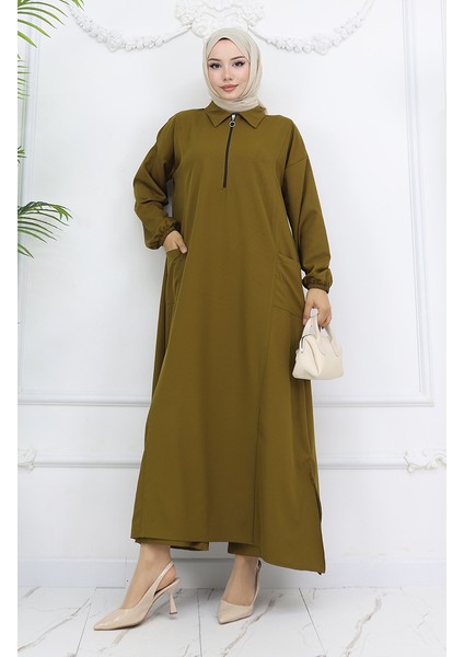 Double Kumaş Uzun Tunik Pantolon Ikili Takım 0034-05 Yağ Yeşili fiyatları