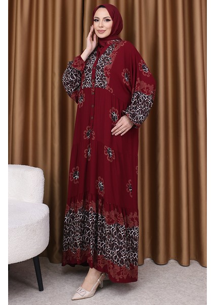 Leopar Garnili Desenli Elbise 5576-04 Bordo