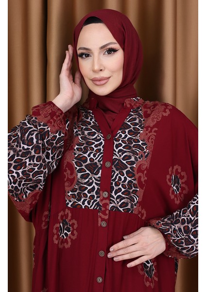 Leopar Garnili Desenli Elbise 5576-04 Bordo modelleri