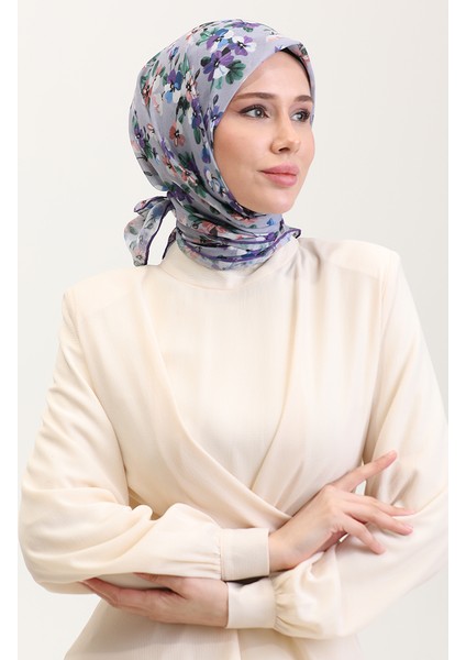 Desenli Pamuk Eşarp 2073-11 Gri Leylak Rengi