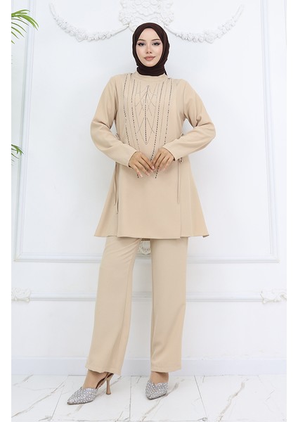 Yandan Bağlamalı Taşlı Abiye Tunik Pantolon Takım 6123-01 Vizon
