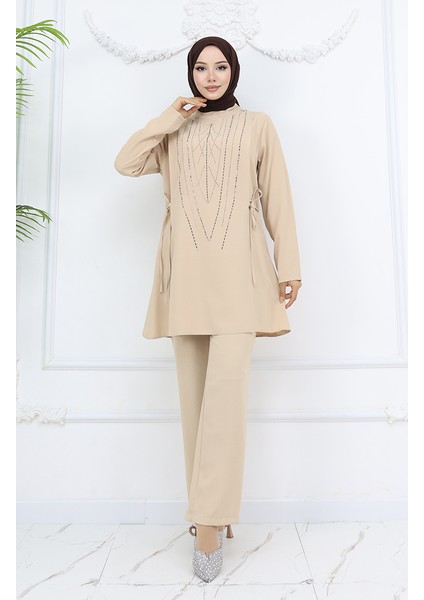 Yandan Bağlamalı Taşlı Abiye Tunik Pantolon Takım 6123-01 Vizon fiyatları